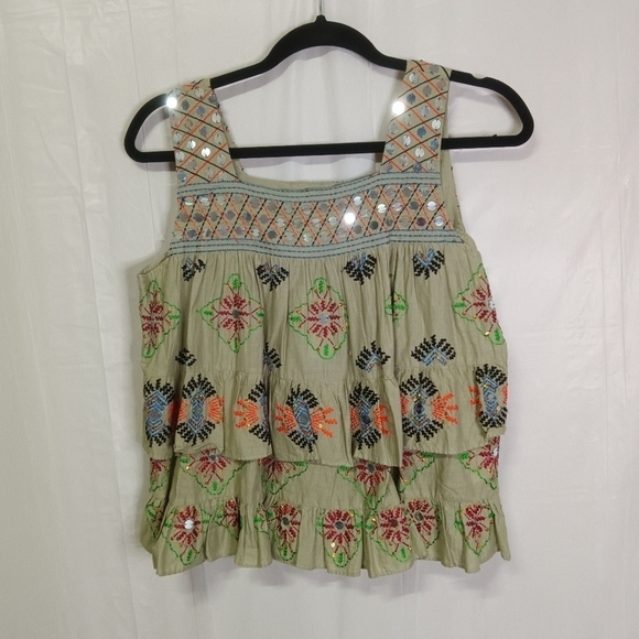 ANTHROPOLOGIE Moulinette Soeurs Lia Tank Top Green Boho Embroidered Size S NWT - Picture 2 of 14
